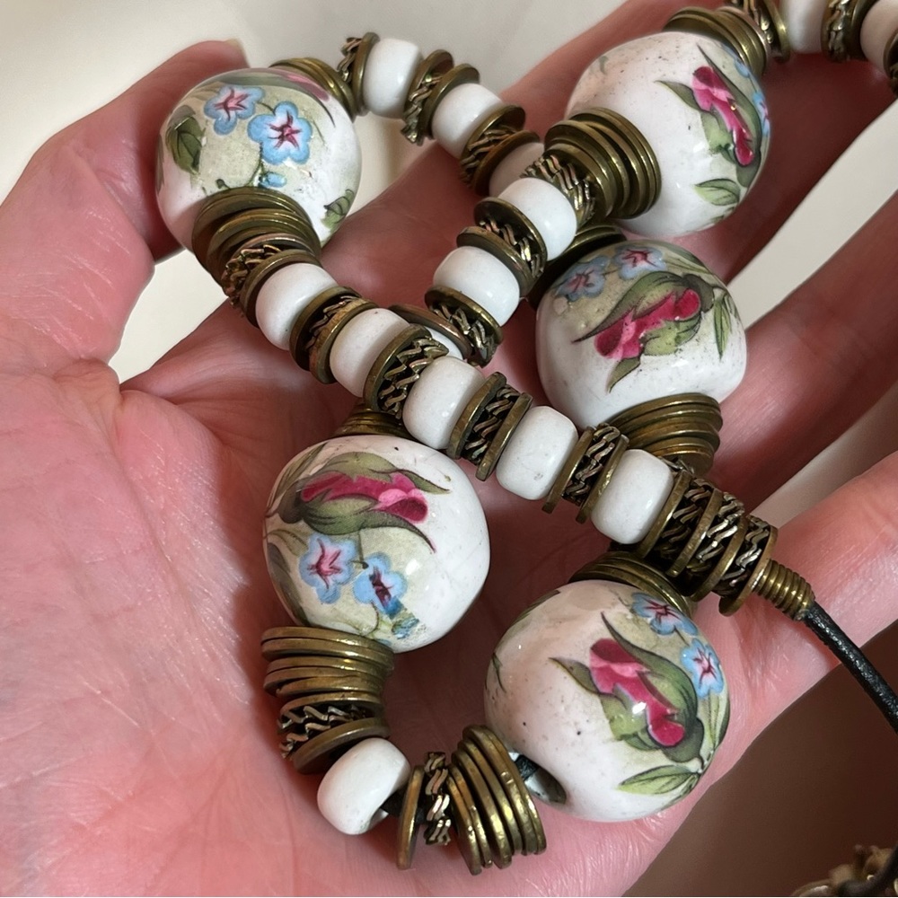 Vintage Chinese Porcelain hand painted Boho Floral Beads oversized long Necklace